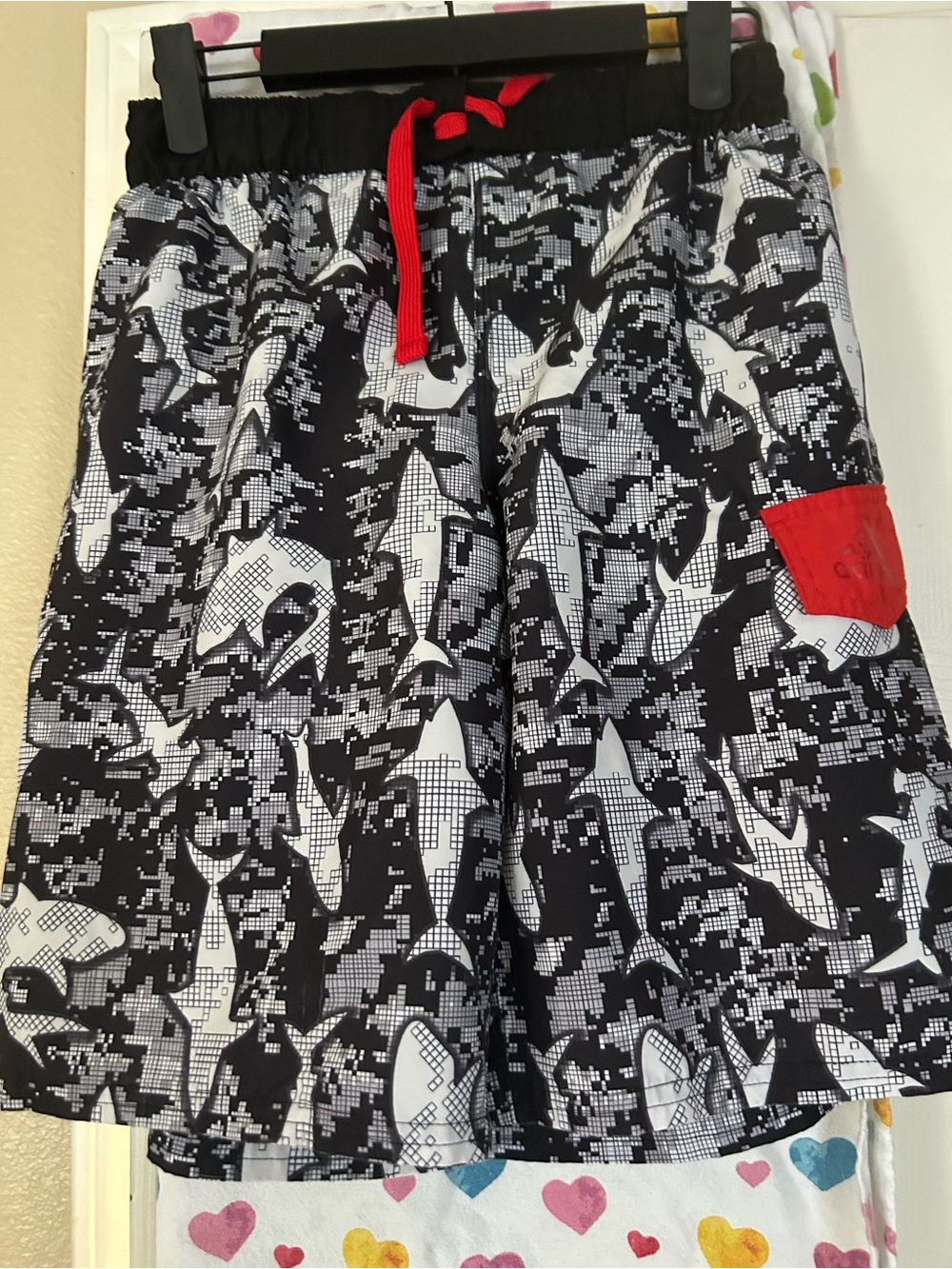 adidas Black & White Shark-Print Swim Board Shorts with Red Drawcord